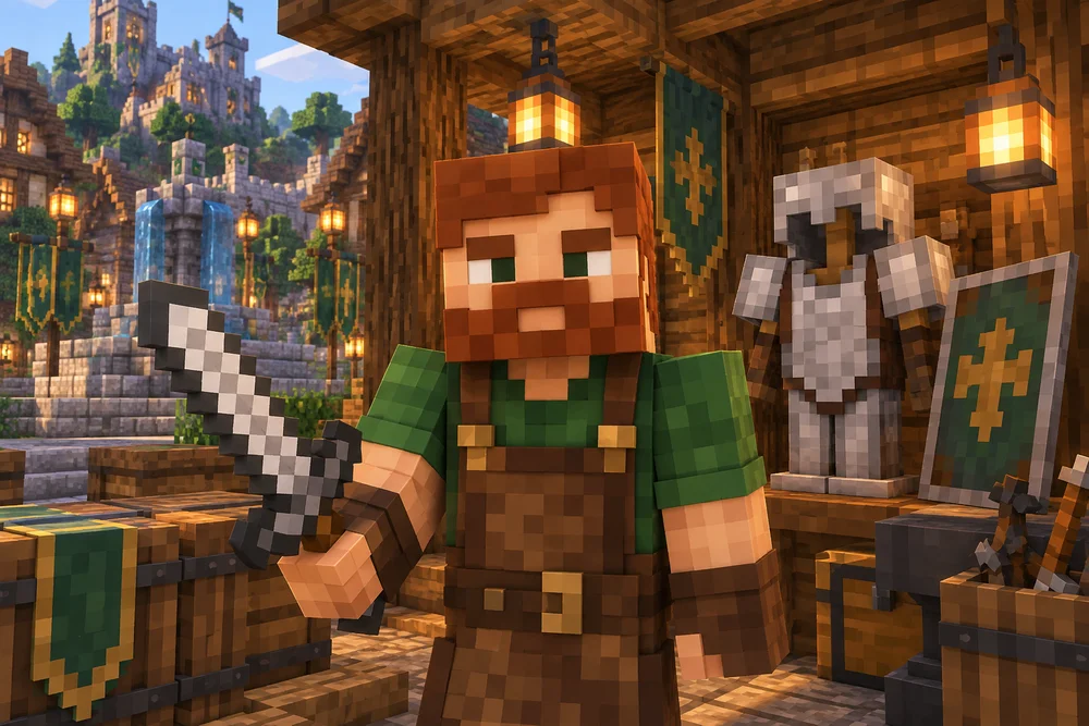 Minecraft-style concept portrait of Bob, Haven Square outfitter