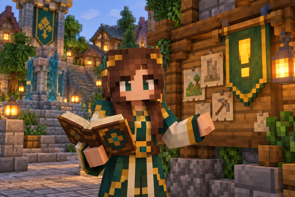 Minecraft-style concept portrait of Elyssia, the TetherBreak quest guide