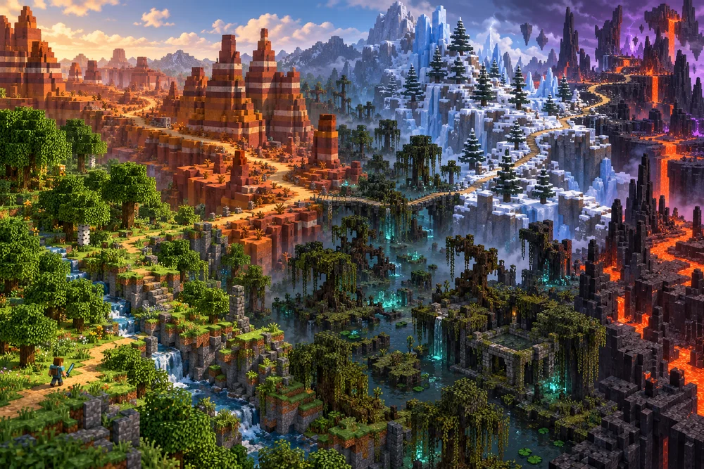Minecraft-style concept art of the five frontier stages from Greenreach forest to the volcanic Shattered Crown