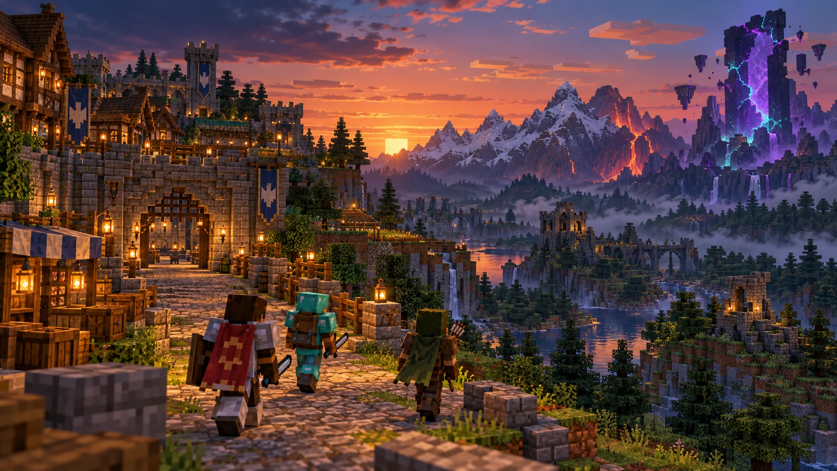 Minecraft-style concept art of lantern-lit Haven Square, blocky adventurers, a forest frontier and a fractured Tether Rift