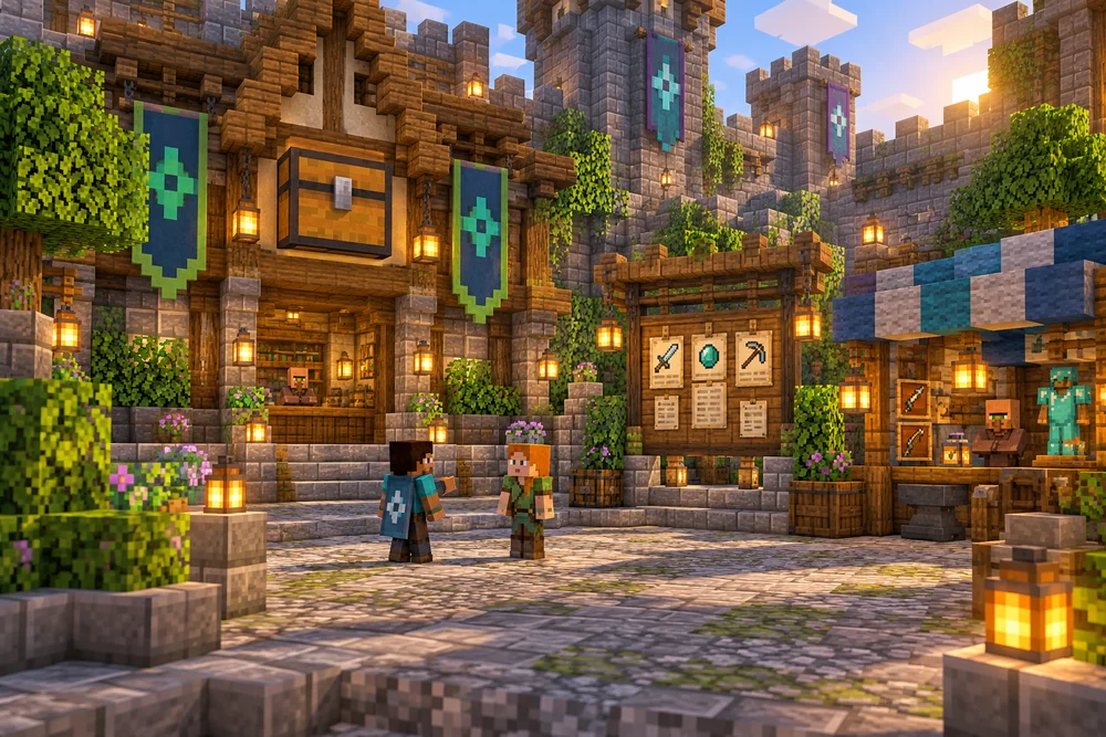 Minecraft-style concept art of the protected Haven Square plaza, bank and quest services